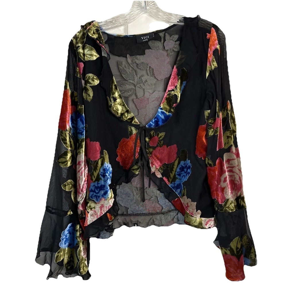 VICI Floral Sheer Tie Front Cropped Velvet Burnout Ruffle Fairy Slv Whimsy Large